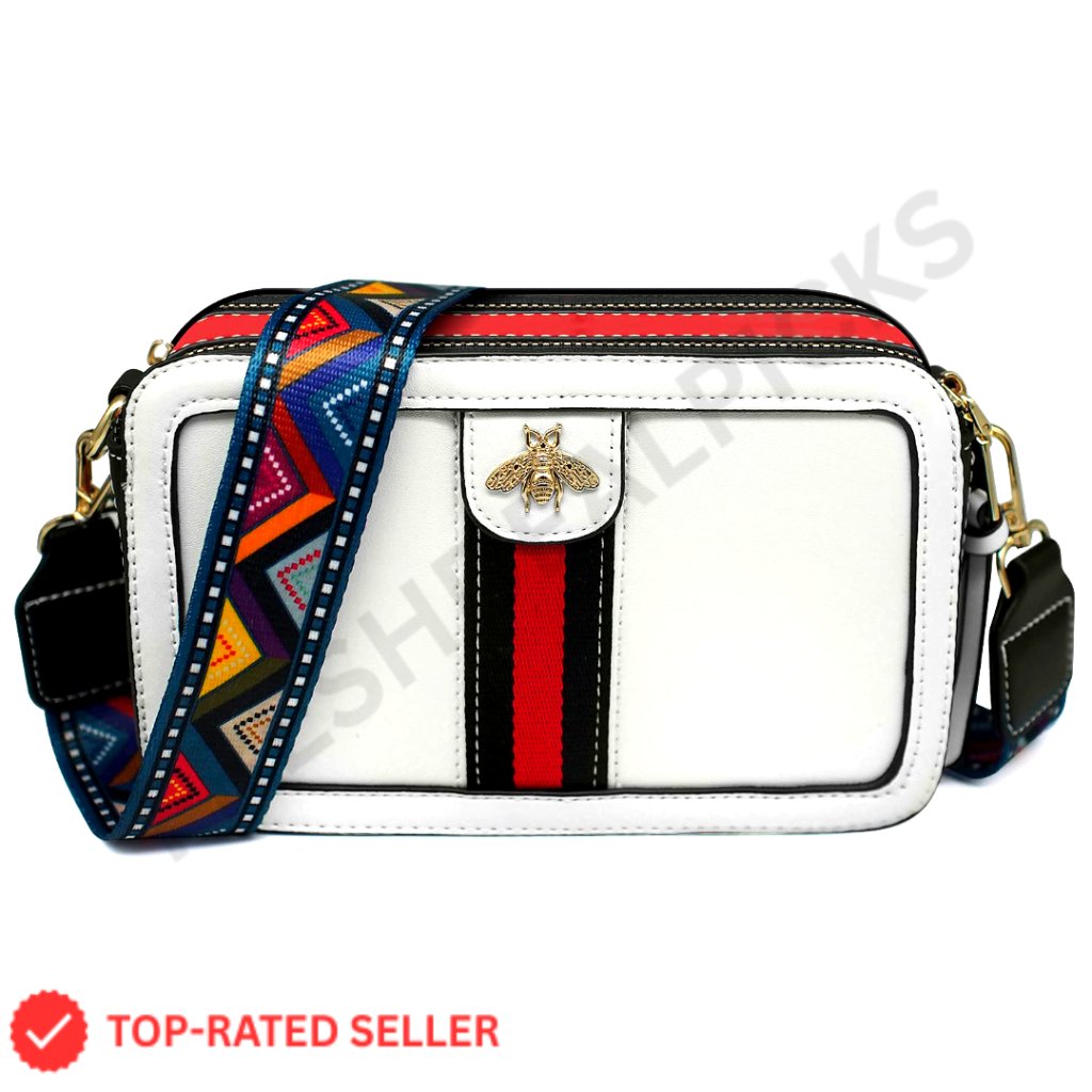 Pu Leather Crossbody Bag With Bee Design, Two Detachable Straps
